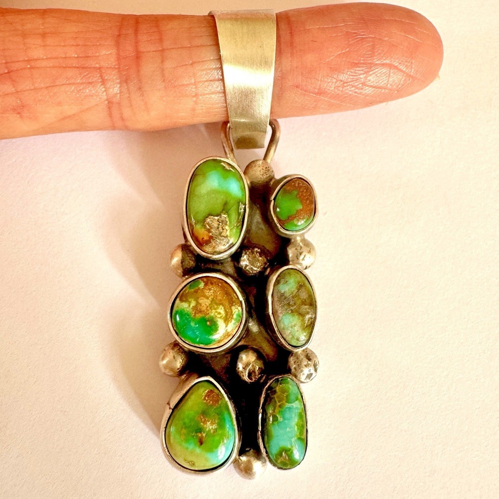 Navajo Sonoran Gold Cluster Turquoise Pendant 2.25 Matte Signed Trav Jim Sterlin